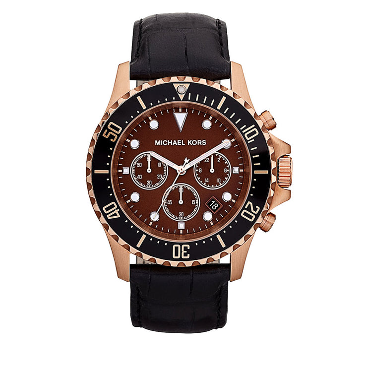 Michael Kors Everest Chronograph Black Leather Round Dial Watch – | Quarzuhren
