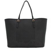 Michael Kors Jet Set Travel Center Stripe Saffiano Leather Medium Tote Bag- Black-Apple