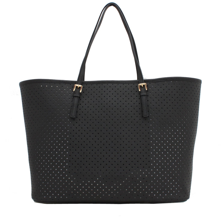 Michael Kors Jet Set Perforated Leather Medium Travel Tote Bag- Black