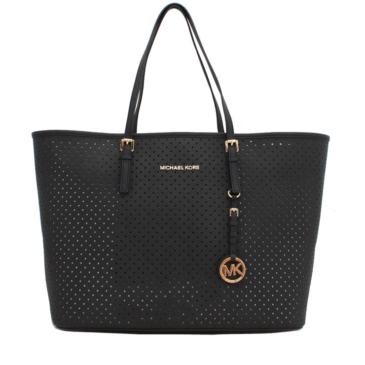 Michael Kors Jet Set Perforated Leather Medium Travel Tote Bag- Black