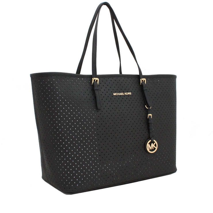 Michael Kors Jet Set Travel Center Stripe Saffiano Leather Medium Tote Bag- Black-Apple