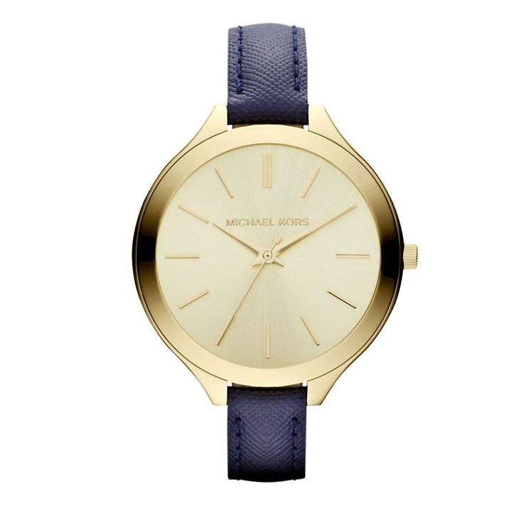 Michael Kors Ladies' Thin Navy Leather Watch with Gold Dial