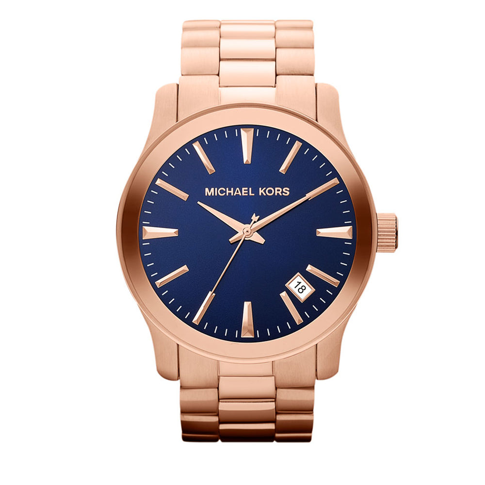 Michael Kors rose gold watch with a Blueface Michael Kors Runway Blue Dial Rose Gold Stainless Steel  main image 3