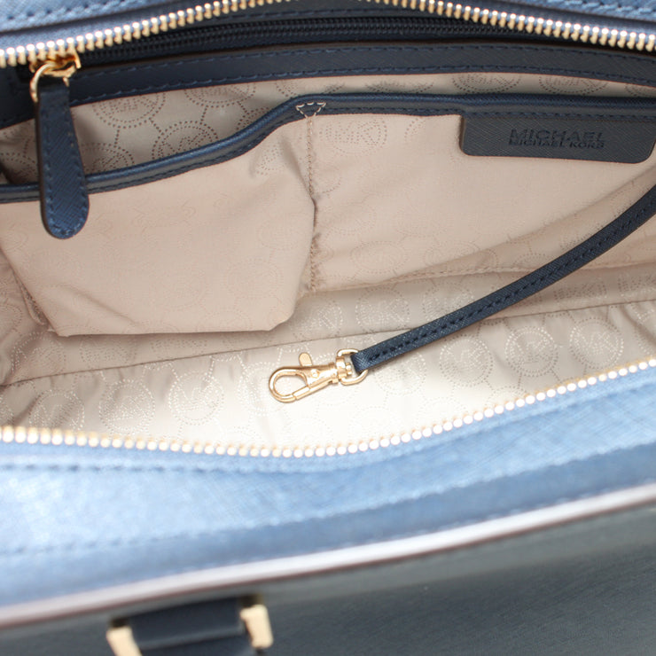 Michael Kors Large Selma Colorblock Leather Top Zip Satchel Bag- Navy-White-Luggage