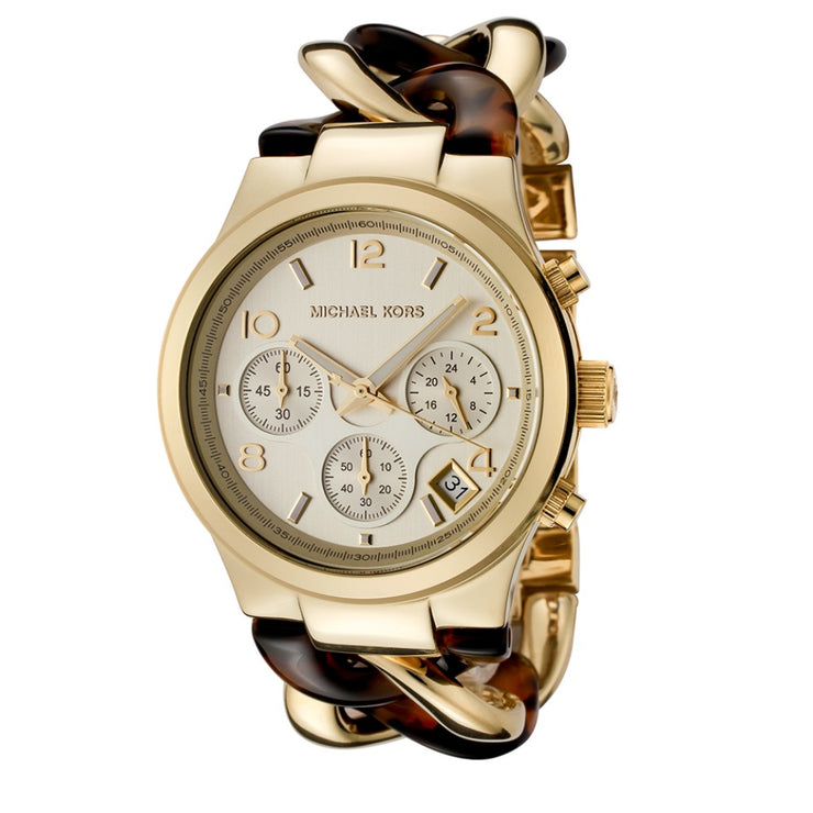 Michael Kors Watch MK4222 Chronograph Gold Tone Stainless Steel & Tortoise Chain Link Women Watch