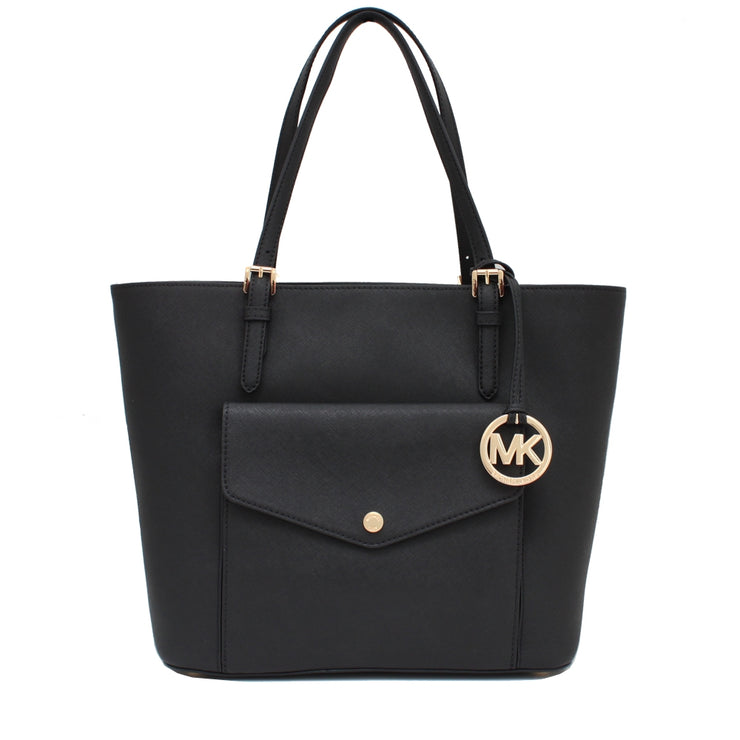 Michael Kors Jet Set Travel Large Saffiano Leather Top Zip Pocket Tote Bag- Black