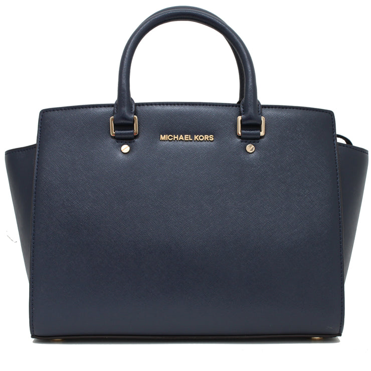 Michael Kors Large Selma Patent Top Zip Leather Satchel Bag- Navy