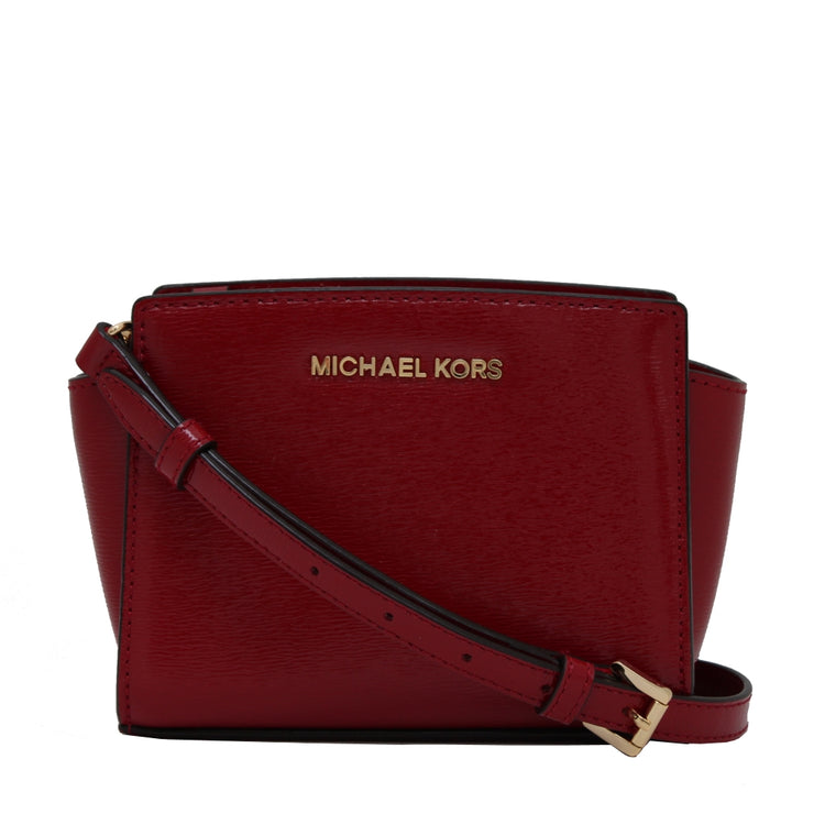 Michael Kors Selma Saffiano Patent Leather Mini Messenger Bag- Scarlet