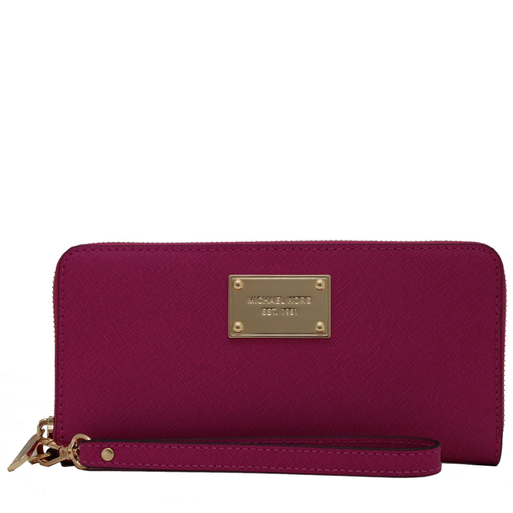 Michael Kors Jet Set Leather Zip Around Continental Wallet Wristlet- Fuschia