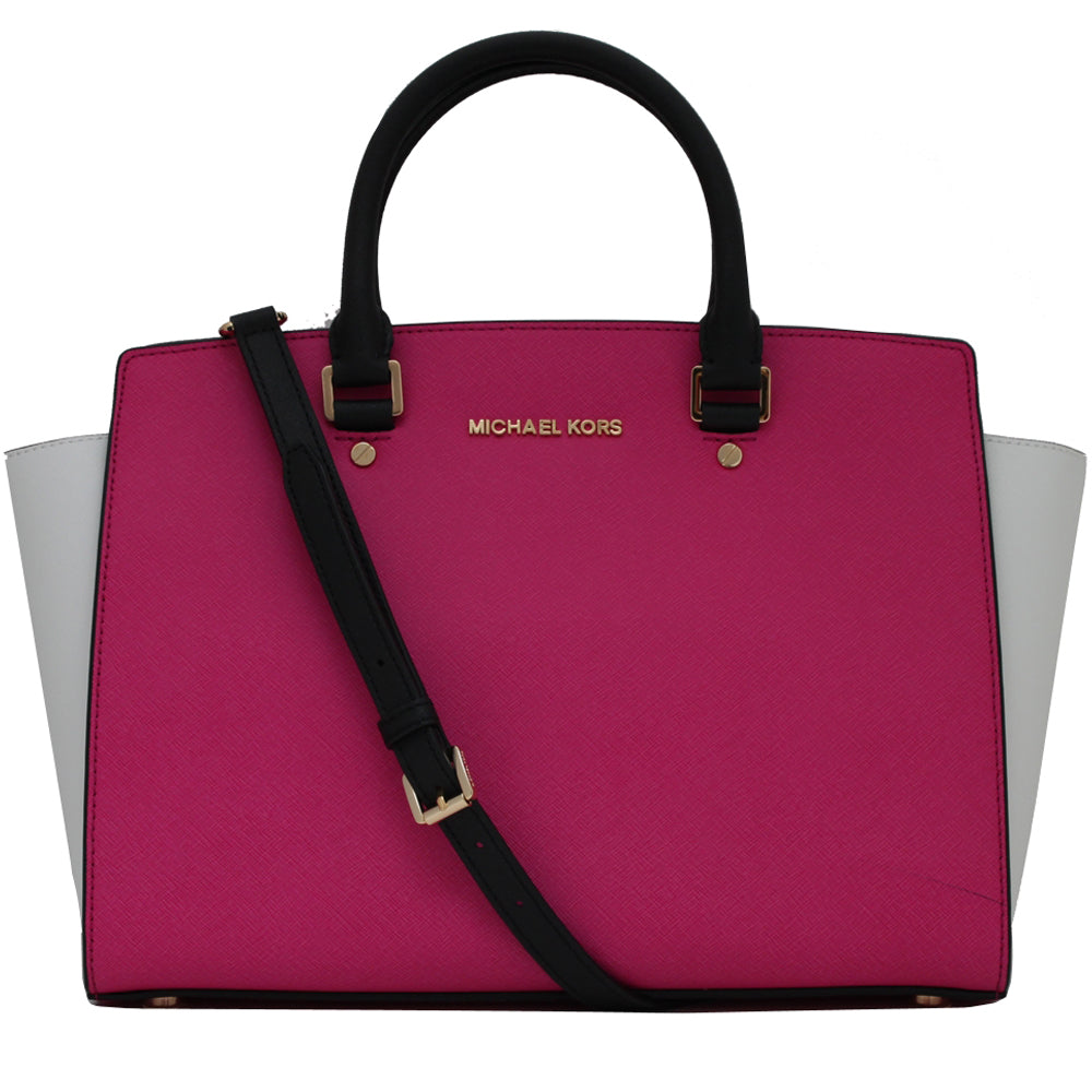 Michael Kors Large Selma Colorblock Leather Top Zip Satchel Bag PinkOrchard