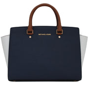 Michael Kors Large Selma Colorblock Leather Top Zip Satchel Bag- Navy-White-Luggage