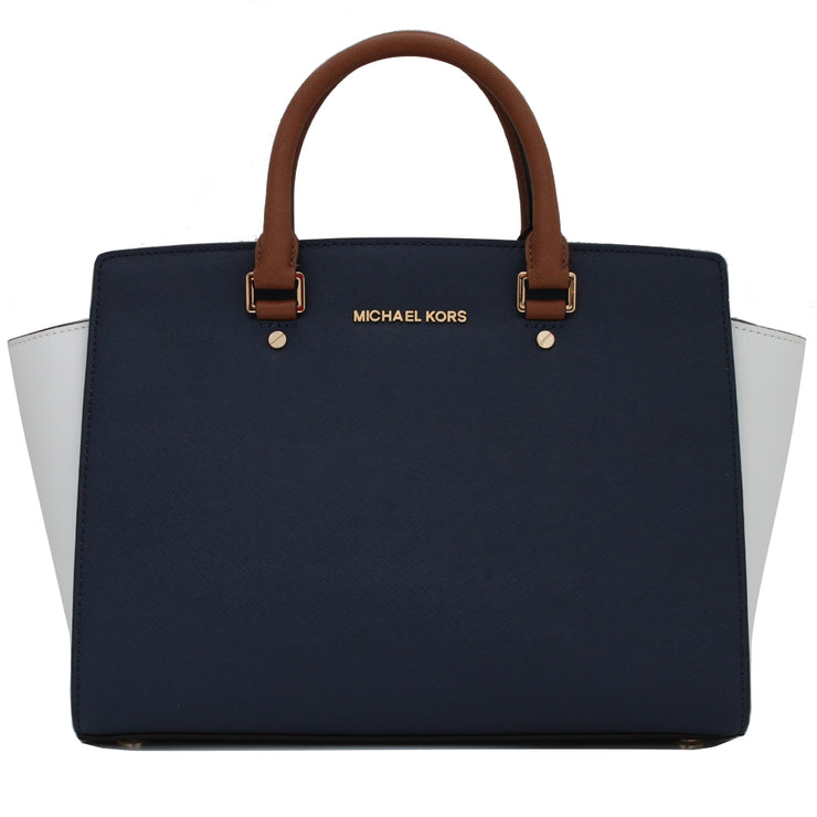 Michael Kors Large Selma Colorblock Leather Top Zip Satchel Bag- Navy-White-Luggage