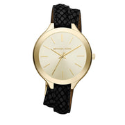 Michael Kors Watch MK2315- Slim Runway Gold Dial Black Leather Double Strap Ladies Watch