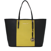 Michael Kors Jet Set Travel Center Stripe Saffiano Leather Medium Tote Bag- Black-Apple