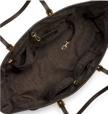 Michael Kors Jet Set Travel Center Stripe Saffiano Leather Medium Tote Bag- Black-Apple
