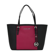 Michael Kors Jet Set Travel Center Stripe Saffiano Leather Small Tote Bag- Black-Deep Pink