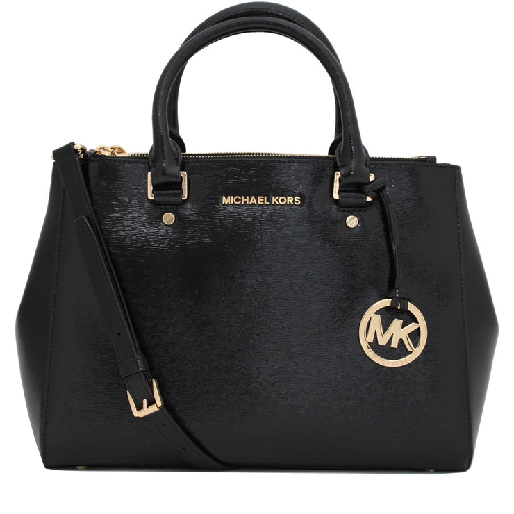 Michael Kors Sutton Medium Patent Leather Satchel Bag- Black