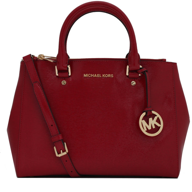 Michael Kors Sutton Medium Patent Leather Satchel Bag- Dark Red