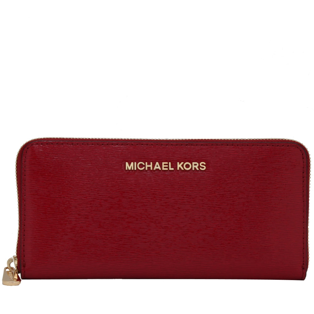 Michael Kors Jet Set Travel Patent Leather Zip Around Continental Wallet-  Dark Red