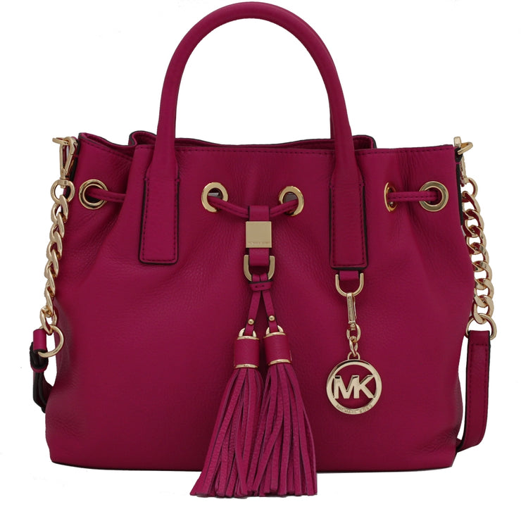 Michael Kors Camden Medium Leather Drawstring Satchel Bag- Fuschia