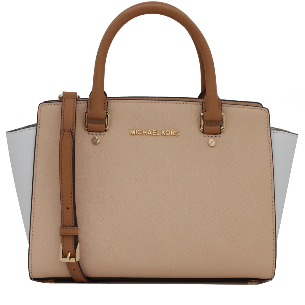 Michael Kors Selma Mini Saffiano Leather Messenger Bag in Pale Gold