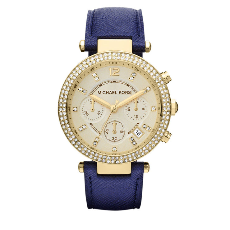 Michael Kors Watch MK2280- Parker Gold Tone Glitz Navy Leather Chronograph Ladies Watch