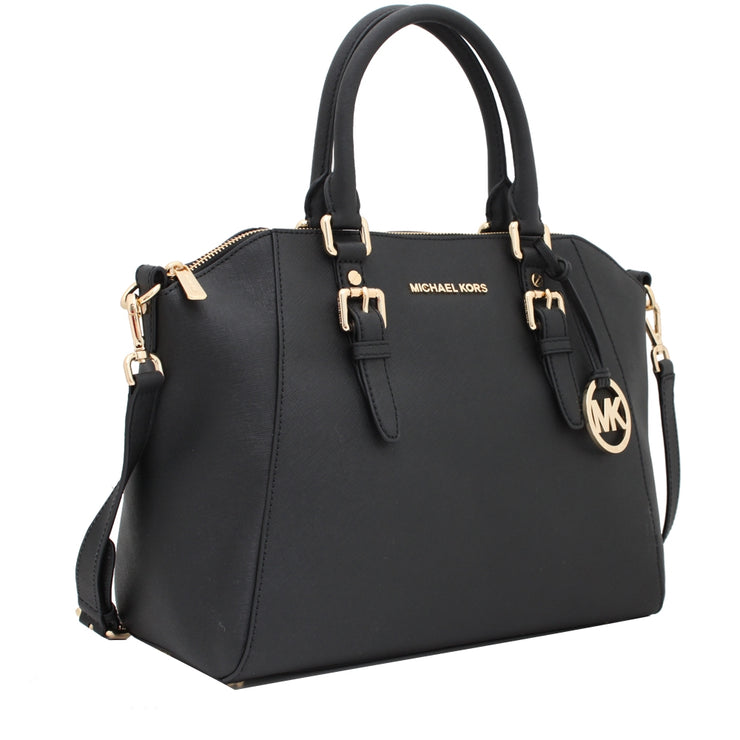 Michael Kors Bedford Large Top Zip Saffiano Leather Satchel Bag- Black