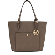 Michael Kors Jet Set Leather Large Top-Zip Snap Pocket Tote Bag- Dark Dune