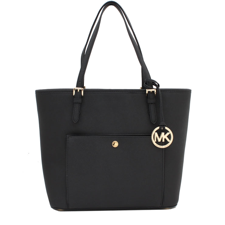 Michael Kors Jet Set Leather Large Snap Pocket Tote Bag- Black