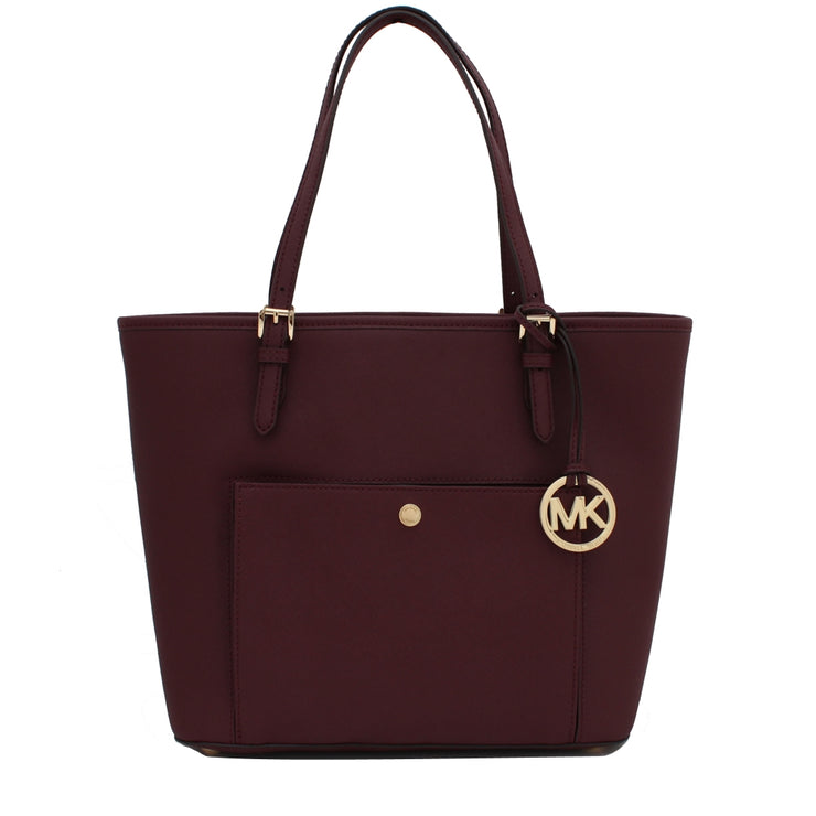 Michael Kors Jet Set Leather Large Snap Pocket Tote Bag- Merlot