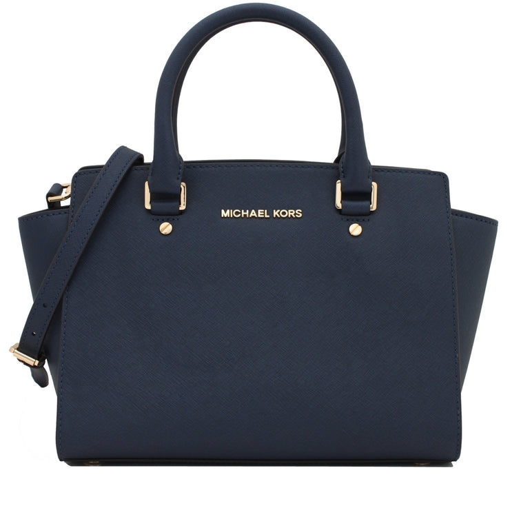 Michael Kors Selma Saffiano Leather Medium Satchel Bag- Navy