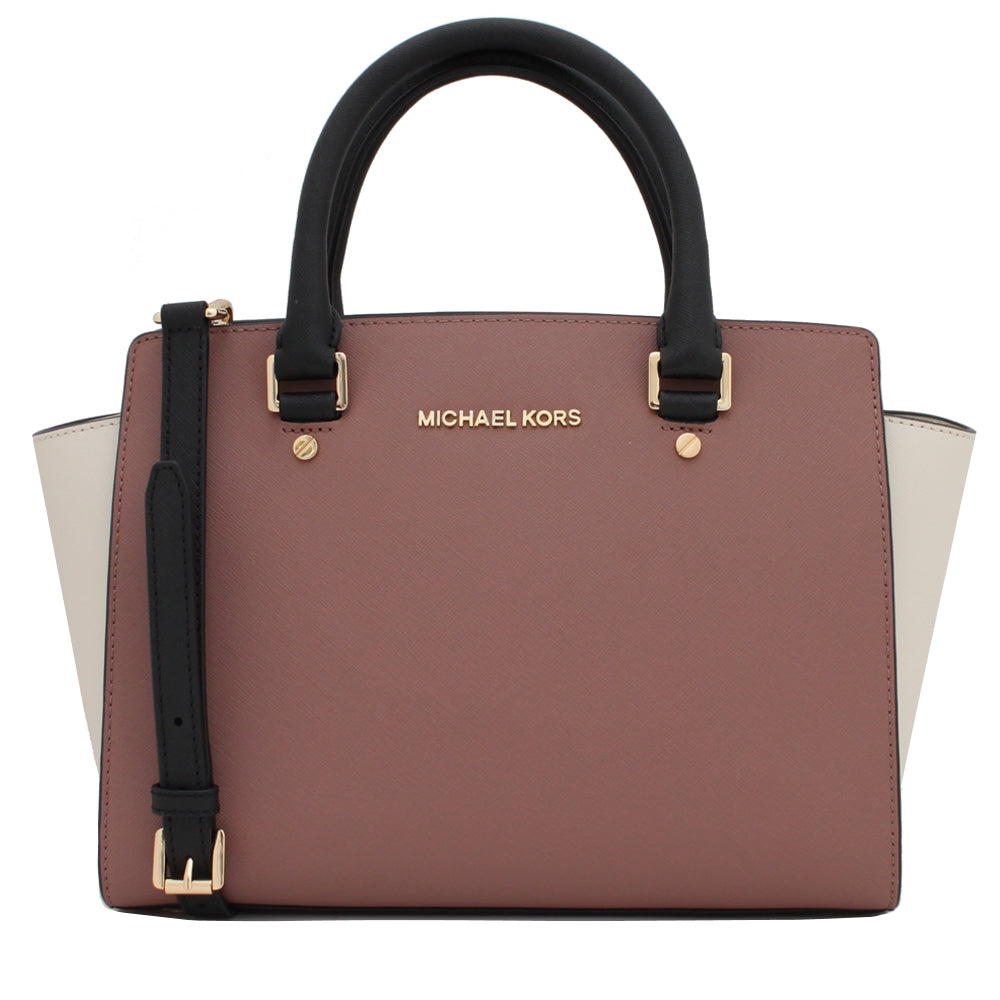 Michael Kors Selma Saffiano Leather Colour-Block Medium Satchel Bag- Dusty Rose- Ecru- Black