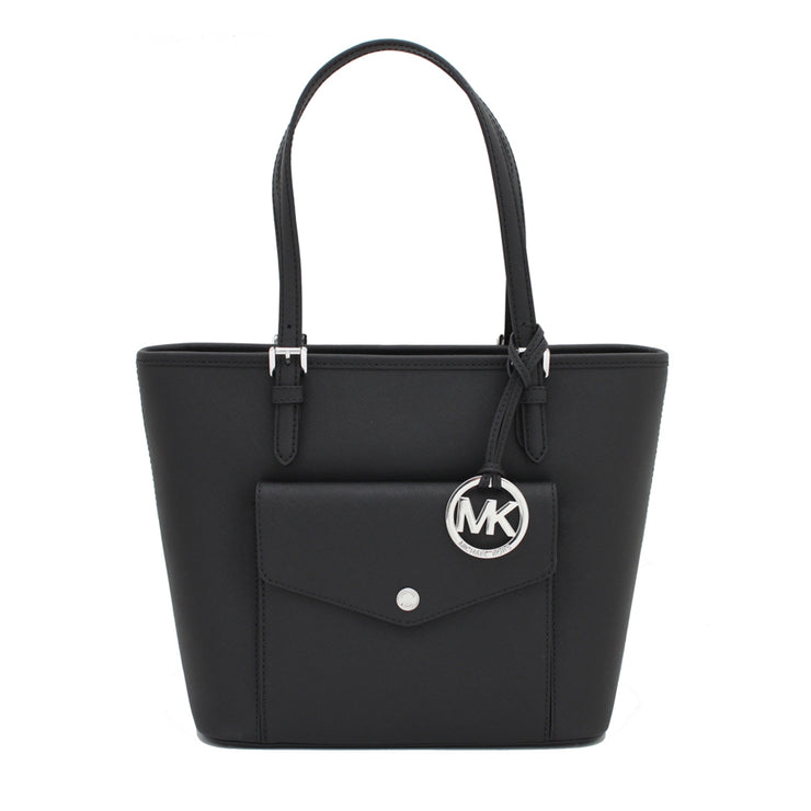 Michael Kors Jet Set Travel Medium Saffiano Leather Top Zip Pocket Tote Bag- Black