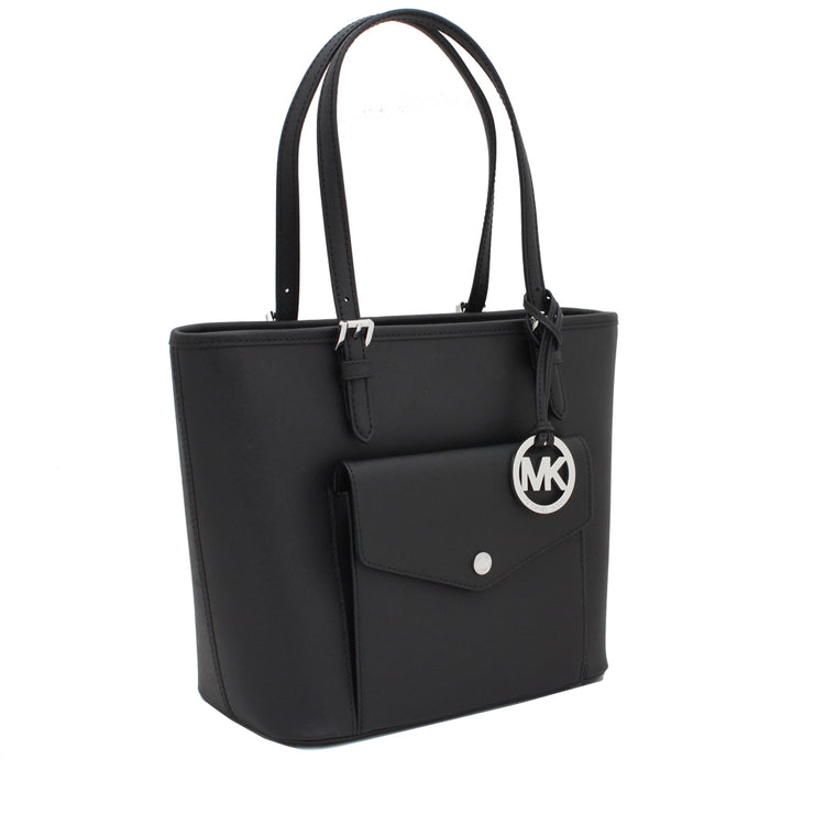 Michael Kors Jet Set Travel Medium Saffiano Leather Top Zip Pocket Tote Bag- Black