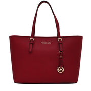 Michael Kors Jet Set Travel Saffiano Leather Top-Zip Multi-Functional Medium Tote Bag- Cherry