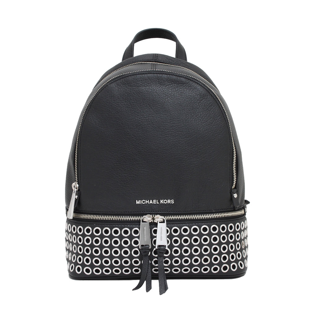 Michael Kors Rhea Zip Medium Leather Grommet Back Pack Bag- Black