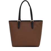 Michael Kors Jet Set Travel Medium Top Zip Snap Pocket Tote Bag- Dark Caramel- Black