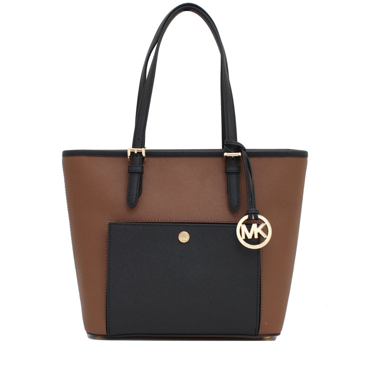 Michael Kors Jet Set Travel Medium Top Zip Snap Pocket Tote Bag- Dark Caramel- Black