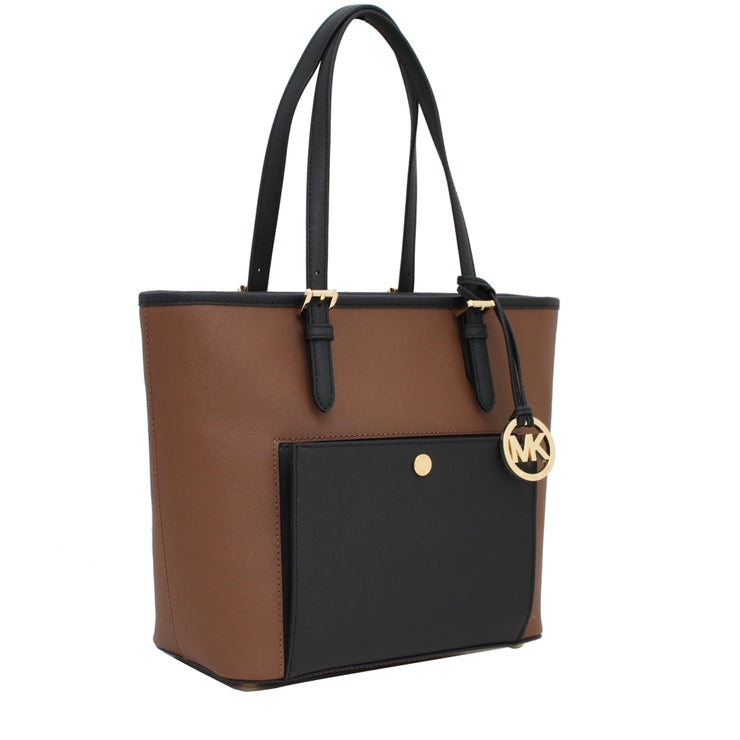 Michael Kors Jet Set Travel Medium Top Zip Snap Pocket Tote Bag- Dark Caramel- Black