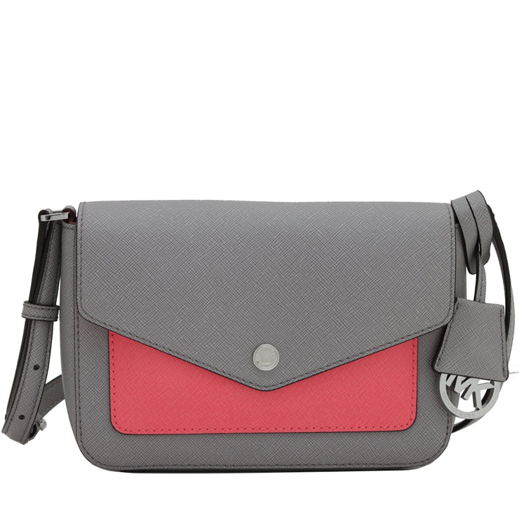 Michael Kors Greenwich Small Flap Leather Crossbody Bag- Pearl Grey- Coral