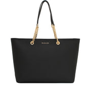 Michael Kors Jet Set Travel Chain Medium Saffiano Leather Top-Zip Multi-Function Tote Bag- Black