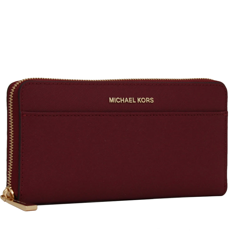 Michael Kors Jet Set Saffiano Leather Pocket Zip Around Continental Wallet- Mulberry