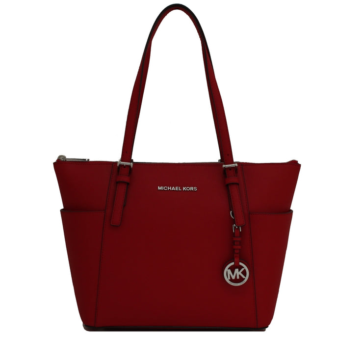 Michael Kors Jet Set Top-Zip Saffiano Leather East West Tote Bag- Bright Red- Silver