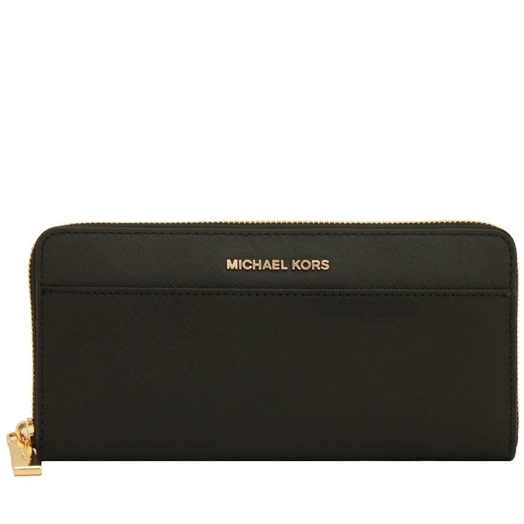 Michael Kors Jet Set Saffiano Leather Pocket Zip Around Continental Wallet- Black