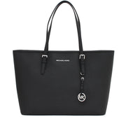 Michael Kors Jet Set Travel Saffiano Leather Top-Zip Multi-Functional Medium Tote Bag- Black