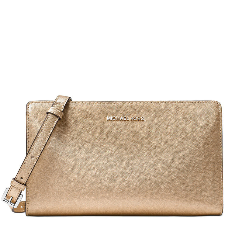 Michael Kors Jet Set Large Saffiano Leather Convertible Crossbody Clutch Bag- Pale Gold