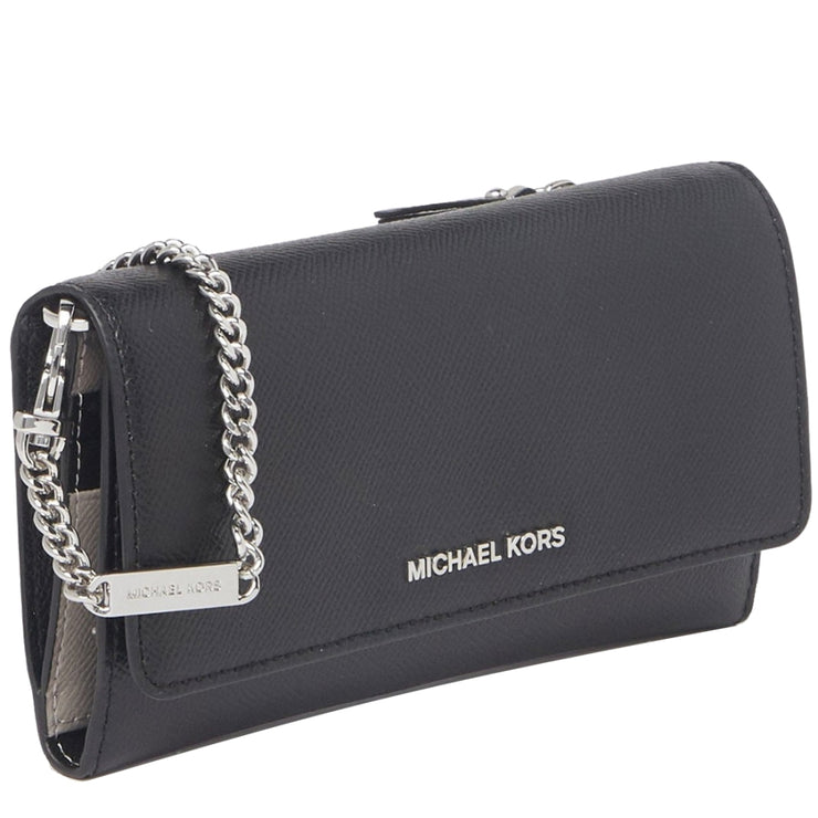 Michael Kors Large Two-Tone Crossgrain Leather Convertible Chain Wallet in Black & Pearl Grey