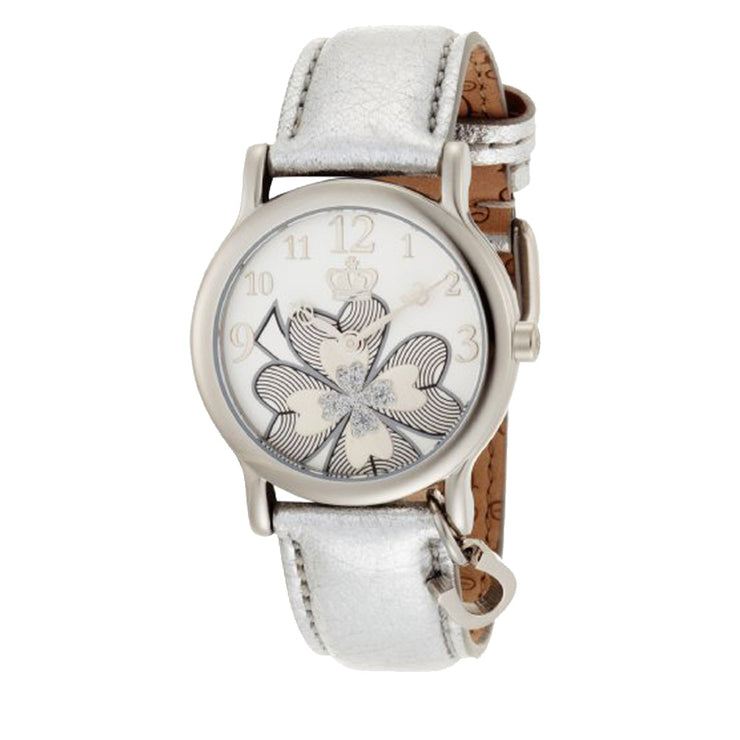 Juicy Couture Ladies Sparkly Flower Round Dial Watch w Silver Leather Strap & Charm
