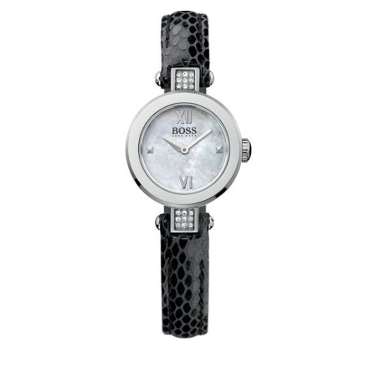 Hugo Boss Ladies' Black Leather Watch w Crystal-Accented Round Dial