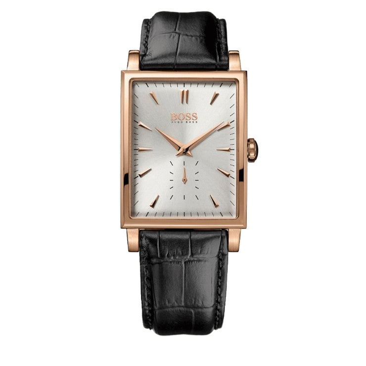Hugo Boss Watch 1512785- Black Leather & Rose Gold Rectangular Dial Men Watch